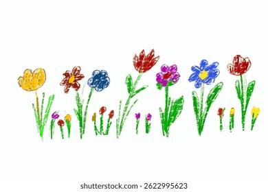 Cute flower drawing made with crayon by a child, playful and colorful illustration perfect for kids' art themes