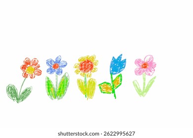 Cute flower drawing made with crayon by a child, playful and colorful illustration perfect for kids' art themes