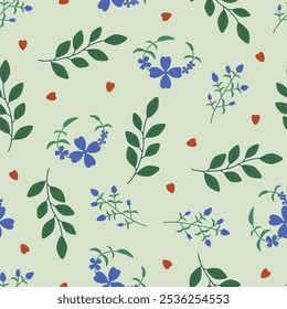 Cute flower element, leaves and heart. Floral leaf. Abstract cartoon seamless pattern. Texture for card, fabric, wrapping, textile, wallpaper, background, paper gift, scarf, phone case, wrapping.