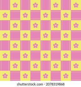 Cute Flower Element Yellow Pink Check Checked Checkered Gingham Pattern Editable Stroke. Cartoon Illustration, Mat, Fabric, Textile, Scarf, Wrapping Paper. 