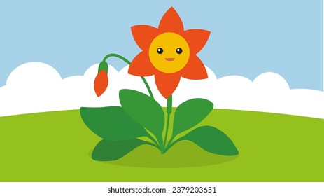 Cute flower in the field. Vector illustration.