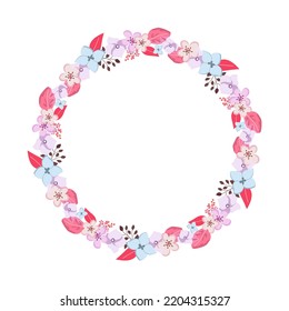 Cute flower frame decorated with abstract delicate pink flowers on a white background. Suitable for templates with copy space, posters, prints, postcards, invitations, answers to questions.