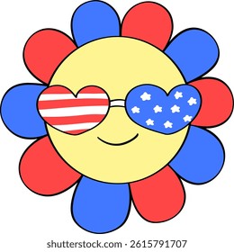 Cute Flower with Glasses in American Flag Pattern Doodle Outline
