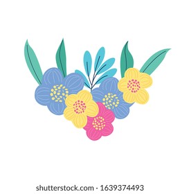 cute flower group between leaves isolated over white background. vector illustration