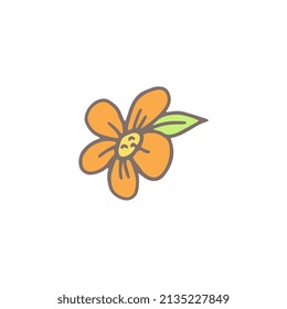 Cute flower in hand drawn doodle style, vector illustration isolated on white background. Cartoon blooming plant with leaves, spring and summer concepts.