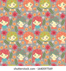 cute flower head girl seamless pattern background