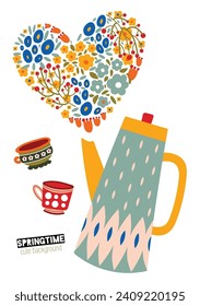 Cute flower heart with cartoon flowers. Spring tea party. Vector illustration.