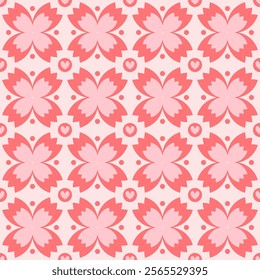 Cute flower with heart in circle Valentine style seamless pattern.