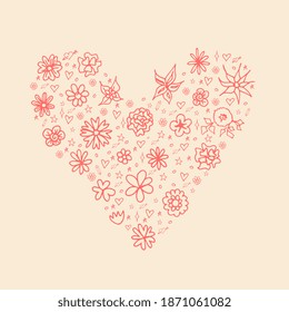 Cute flower heart. Compositions with hand drawn flowers and plants. Monochrome vector romantic love illustration in sketch style.