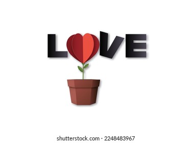 Cute flower in heart shape growing from pot with bold LOVE text. Great for Valentine’s themes, kids, couples, and flat romantic concepts.