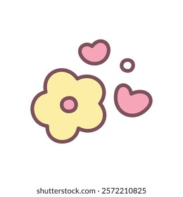 Cute flower and hearts icon. Hand drawn illustration of a yellow flower head with little pink hearts isolated on a white background. Vector 10 EPS.