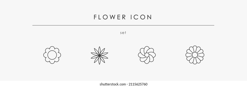 Cute flower icons. Simple flower symbols set. Can be used as a design element. The floral pictogram for design and ornament. Minimal modern floral art with thin black outlines vector