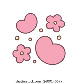 Cute flower illustration. Gentle design featuring pink hearts surrounded by flowers and sparkles. Simple hand drawn illustration isolated on a white background. Kawaii sticker. Vector 10 EPS.