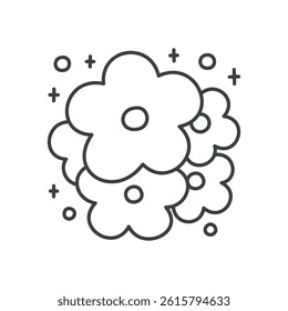 Cute flower illustration. Gentle design of floret surrounded by sparkles. Hand drawn monochrome illustration isolated on a white background. Kawaii sticker. Vector 10 EPS.