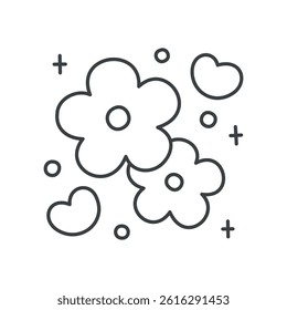 Cute flower illustration. Gentle design of two daisies surrounded by little hearts and sparkles. Hand drawn monochrome illustration isolated on a white background. Kawaii sticker. Vector 10 EPS.