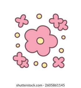 Cute flower illustration. Pink daisy surrounded by little flowers and yellow sparkles. Simple hand drawn illustration isolated on a white background. Kawaii sticker. Vector 10 EPS.