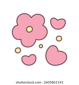 Cute flower illustration. Whimsical pink hearts and flowers with small dots. Simple hand drawn illustration isolated on a white background. Kawaii sticker. Vector 10 EPS.