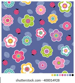 Cute flower and ladybug seamless vector pattern