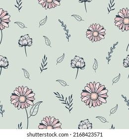 cute flower and leaf illustration. hand drawn vector. seamless pattern with flower and leaf. floral background. pastel color. wallpaper, wrapping paper and gift, dress motif, fabric, textile. 