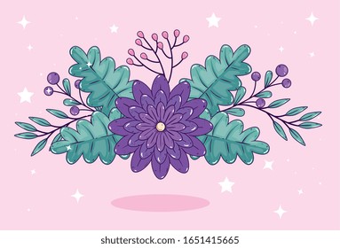 cute flower with leafs decoration vector illustration design