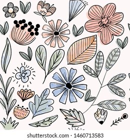 Cute flower and leaves seamless pattern background,illustration vector by freehand doodle comic art, by watercolor technique,for textile prints or celebrated card or banner background