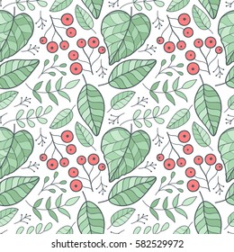 Cute flower and leaves seamless pattern. Cute outline leaf print.