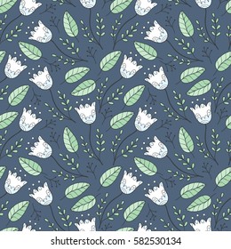 Cute flower and leaves seamless pattern. Cute outline leaf print.