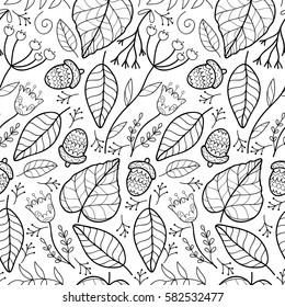 Cute flower and leaves seamless pattern. Cute outline leaf print. Monochrome backdrop. Black and white doodle background