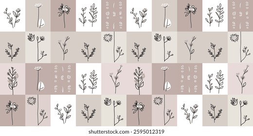 Cute Flower in Line Style Seamless Pattern Earth Tone, horizontal banner, and background.