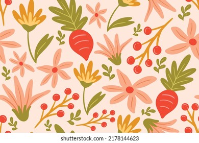 Cute flower meadow illustration - seamless spring theme floral pattern design for background, textile design, packaging, wrapping paper, and more