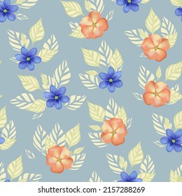 Patrón de flores. Flores azules y naranjas con hojas en un fondo azul pálido. Una plantilla textil elegante.
