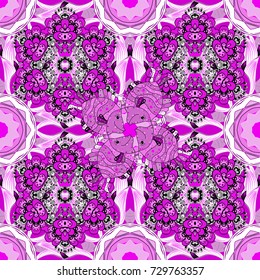 Cute flower pattern. Flowers on white, magenta and pink colors. Colour Spring Theme seamless pattern Background. Flat Flower Elements Design.