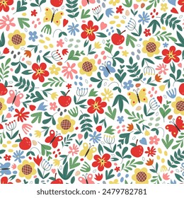 Cute flower pattern. Seamless texture. Spring summer girls background. Tiny leaves and bouquet. Decor textile, wrapping and wallpaper. Print for fabric. Cartoon vector botanical modern illustration