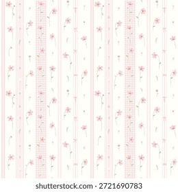 Cute flower pattern in small design. Small flowers on Stripe Gingham background. Ditsy floral seamless pattern. Pretty small print. Daisy flower surface design for fashion, fabric, wallpaper, textile, paper