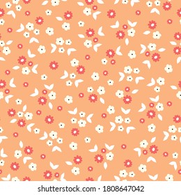 Patrón de flor de corte en una flor pequeña. Textura vectorial sin foco. Elegante plantilla para impresiones de moda. Impresión con flores blancas y rojas. Fondo naranja pálido.