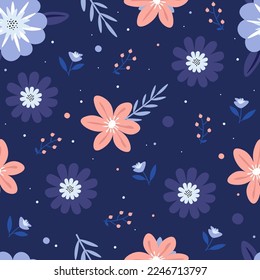 Cute flower patterns in a big flower. Motives are scattered randomly. Seamless vector texture. Elegant template for fashion prints. Print with flowers, leaves and berry branches on a blue background.