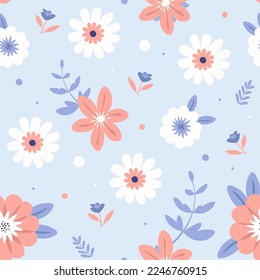 Patrones de flores mullidas en una gran flor. Los motivos están dispersos al azar. Textura vectorial sin inconvenientes. Elegante plantilla para impresiones de moda. Impresión con flores y hojas en colores pastel.