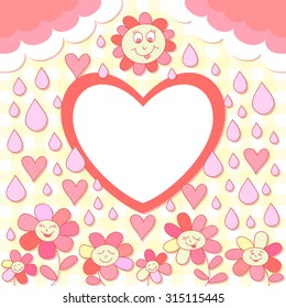 Cute flower photo frame. Baby shower card. Scrapbook elements. Vector illustration with drops, pretty flowers with happy smiles. Pink scrapbook page.