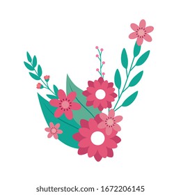 cute flower pink with branch and leafs vector illustration design