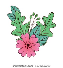 cute flower pink with branch and leafs isolated icon vector illustration design