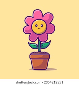 Cute Flower In Pot Cartoon Vector Icon Illustration. Nature Object Icon Concept Isolated Premium Vector. Flat Cartoon Style