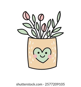 Cute flower pot doodle and flat illustration with heart and smiling face

