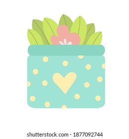 Cute flower pot icon with dotted and heart shape - pink flower with green leaves isolated on white background illustration vector