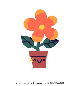 Cute flower in pot winks. Funny houseplant in flowerpot with positive emotions, happy facial expression face gesturing. Friendly plant character. Flat isolated vector illustration on white background