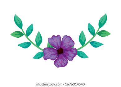 cute flower purple with branches and leafs isolated icon vector illustration design