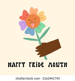 Cute flower with rainbow petals in LGBTQ flag colors sticking out tongue, Happy Pride Month lettering in 70s style. Card, banner design. Vector hand-drawn illustration.