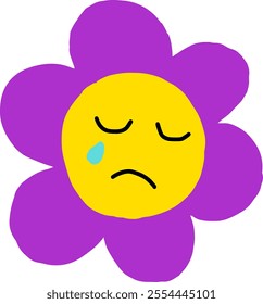 cute flower with sad face 70s style illustration