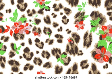 cute flower seamless mix leopard vector pattern. Vector illustration.