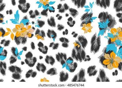cute flower seamless mix leopard vector pattern. Vector illustration.
