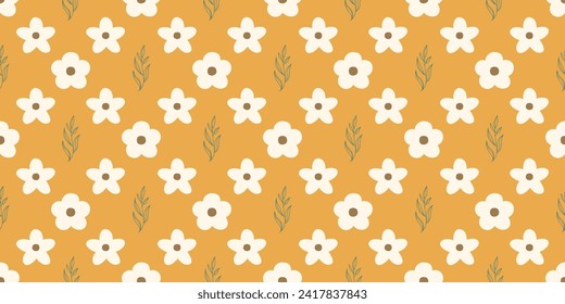 Patrón de flores sin costura sobre un fondo amarillo. Simple vector de patrón textil floral dibujado a mano.